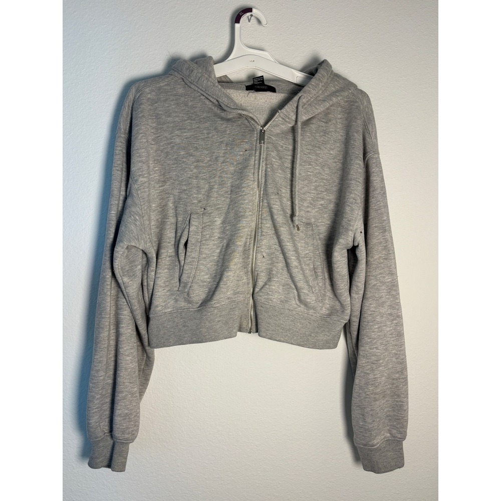 Forever 21 Womens XL Gray Cropped Zip Up Hoodie Sweatshirt Heather Gray Casual